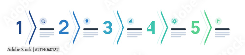 Five step chevron arrow infographic banner with numbers and icons