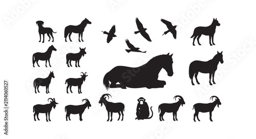 Assorted farm animal silhouettes including goats horses birds and monkeys on display.