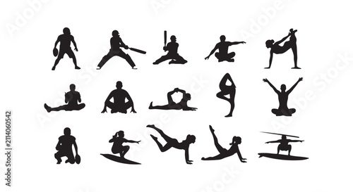 Assorted sports and fitness silhouettes including baseball yoga surfing and track icons.