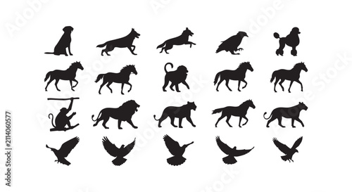Assorted wild and domestic animal silhouettes featuring birds mammals and small pets.