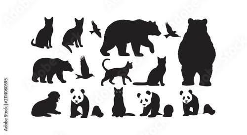 Assortment of animal silhouettes featuring cats bears pandas and birds.