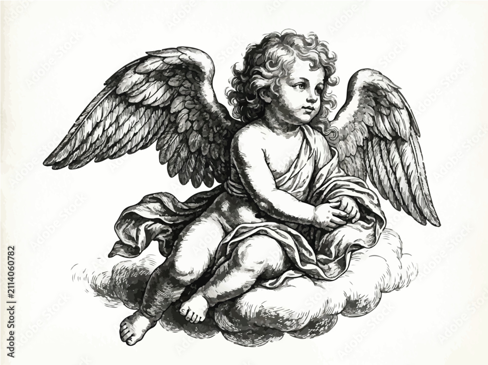 Obraz premium Vintage engraving of a winged cherub angel on a cloud, black and white artistic illustration for religious or holiday design.