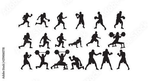 Athletes and gym workout silhouettes set featuring sports players and fitness training.