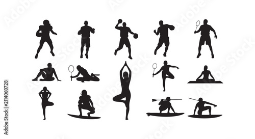 Athletes and yoga poses silhouettes showing sports and fitness activities on white.