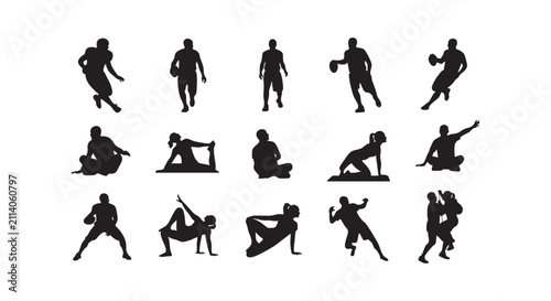 Athletes in action silhouettes diverse sports and activities dynamic poses training and competing.