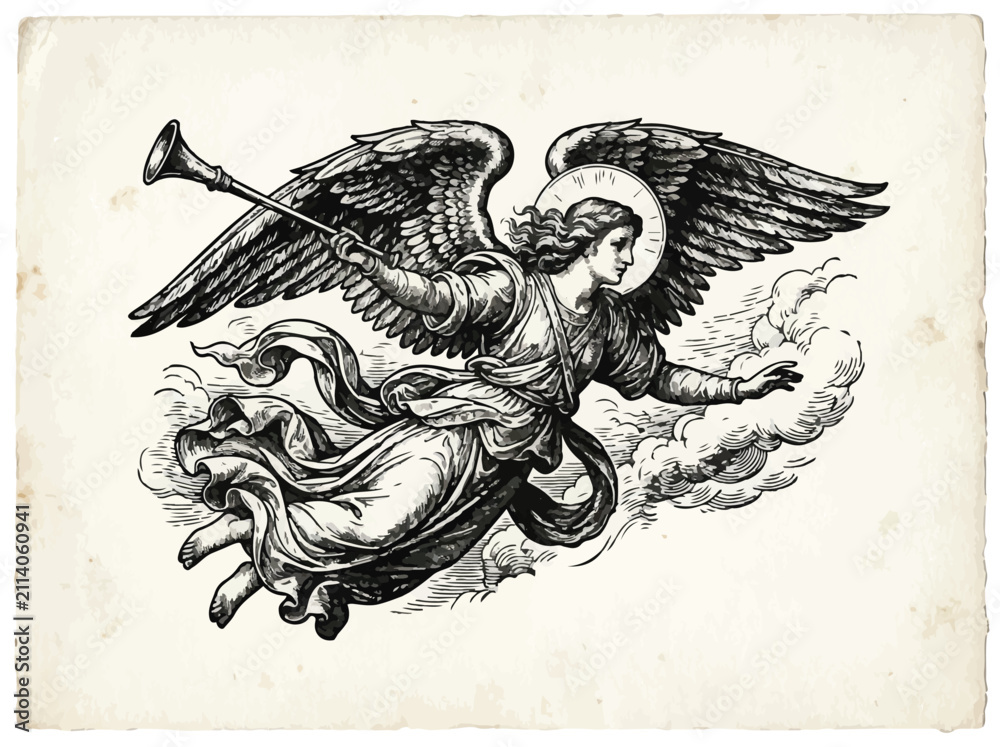 Obraz premium Vintage woodcut illustration of a winged angel flying with a trumpet in clouds, classic religious etching.