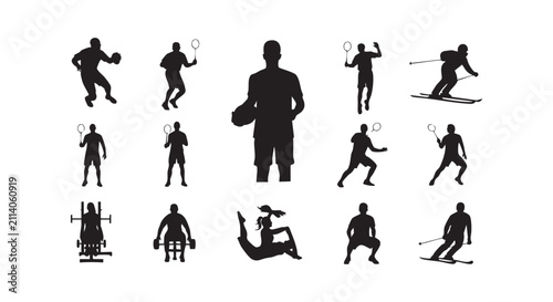 Athletes playing sports in action and training with equipment vector illustration set.