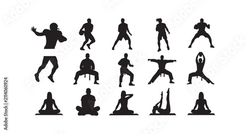 Athletes playing football soccer karate yoga meditation pose woman stretching balance pose.