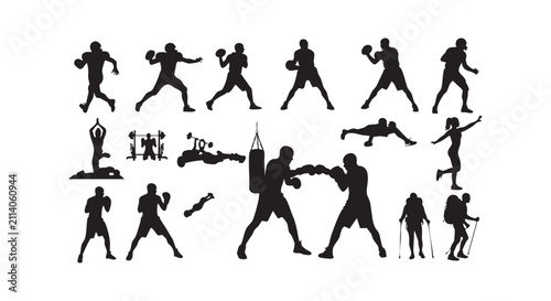 Athletes silhouettes exercising boxing football yoga and hiking with weights and gym equipment.