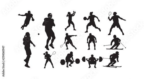 Athletes playing sports like tennis football golf and weightlifting.