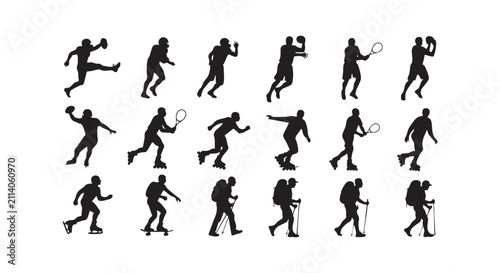 Athletes silhouettes: football, tennis, rollerblading, skateboarding, hiking, ice skating.
