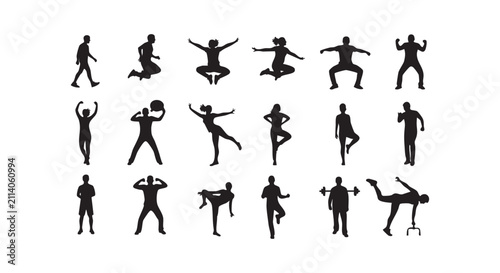 Athletic people silhouettes performing diverse sports activities and fitness movements.