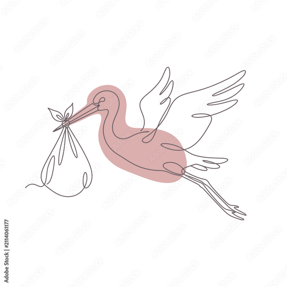 Obraz premium Stork carrying baby bundle line art illustration