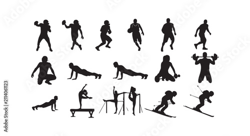 Athletic sports and fitness silhouettes showing various workout routines and gymnastics.
