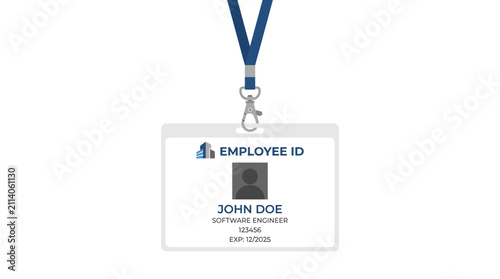 Employee ID badge hangs from a blue lanyard to display professional credentials for corporate office security access.