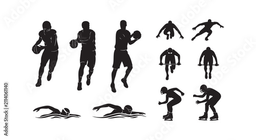 Athletic sports people silhouettes featuring basketball swimming and skating activities.