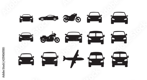 Automotive transport icons featuring various car models motorcycles van and airplane set.