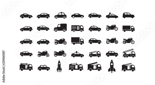 Automotive transport icons set including various cars trucks motorcycles and fire engine.