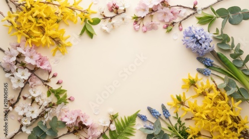 Spring floral frame with cherry blossoms, forsythia, and hyacinth on a cream background