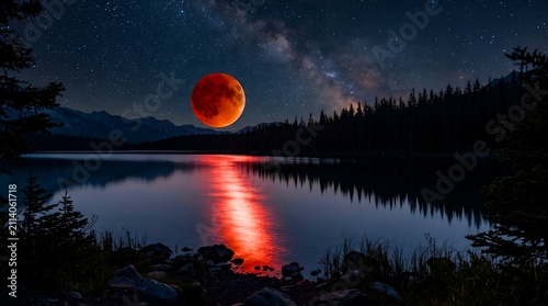 Lunar Eclipse Glowing over a Tranquil Mountain Lake at Night