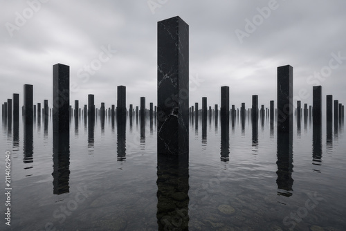 Black marble pillar grid water reflection foggy horizon calm abstract seascape with geometric stone columns under gray sky