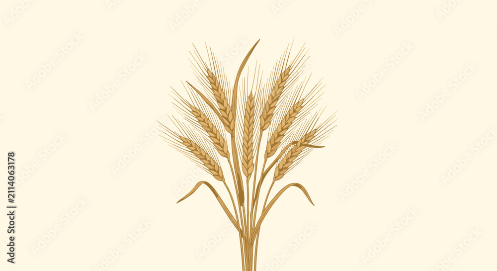 Fototapeta premium Cluster of golden wheat stalks with grains and long leaves against a light yellow background representing agriculture and harvest.