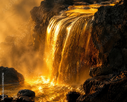 Liquid gold waterfall cliff rock canyon dramatic glowing mist cascade flowing through rugged terrain with luminous fantasy landscape