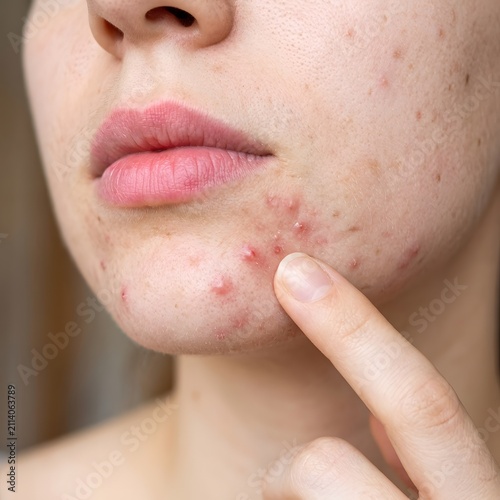 Close up of a young woman touching her chin with visible acne breakouts and skin inflammation issues