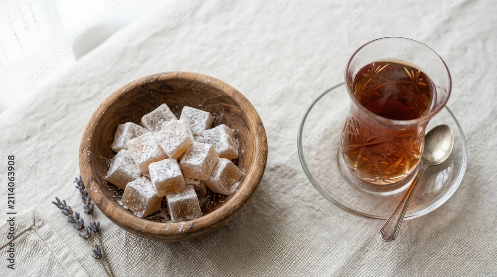 Fototapeta premium Turkish delight in a wooden bowl with a glass of tea