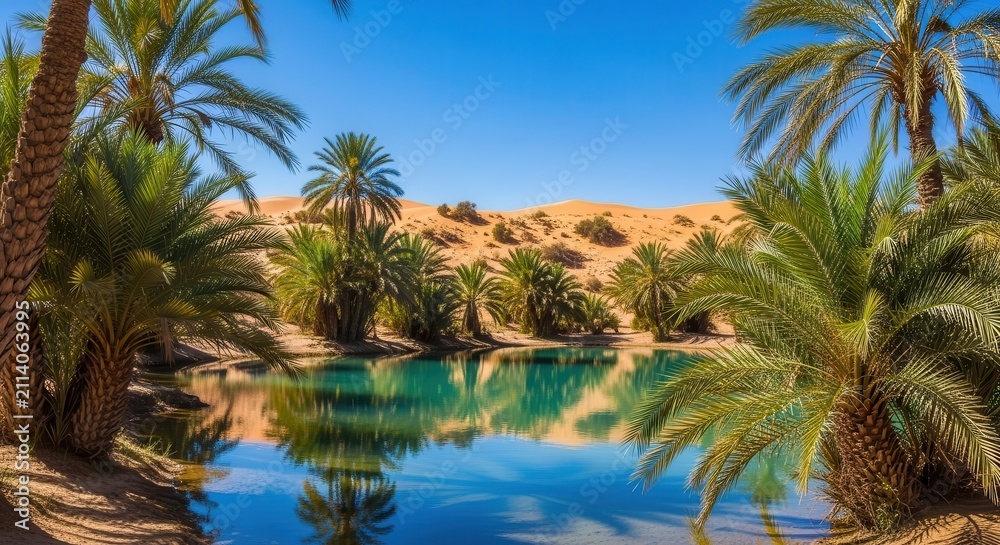 Fototapeta premium Desert oasis with vibrant palm trees reflecting in calm turquoise water under a clear blue sky.