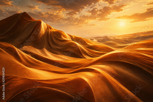 Surreal desert landscape sand dune sunset golden wave under dramatic sky with glowing horizon across vast arid wilderness