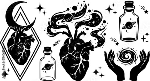 Foto Mystical Celestial Vector Icon Set Featuring Anatomical Hearts Spilling Cosmic S