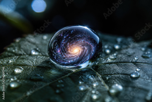 Water drop leaf macro galaxy reflection dew droplet on green foliage with bokeh, dark background, moisture, natural texture