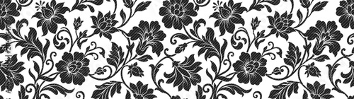 Seamless dark floral damask pattern on white background