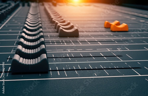 Plakat Close-up on audio mixing console faders with warm light