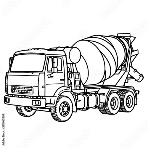 Concrete mixer truck line art illustration for kids coloring book