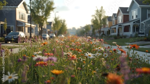 Vibrant Wildflower Corridor Growing Along a Modern Suburban Neighborhood Street in Summer