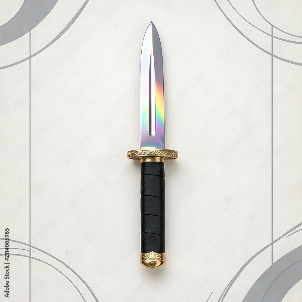 Fototapeta premium Ornamental dagger with rainbow-tinted blade and gold handle on light background.