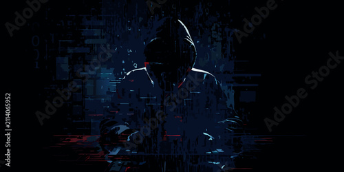 Fotografía hooded hacker figure in digital glitch art style cyber security anonymity techno
