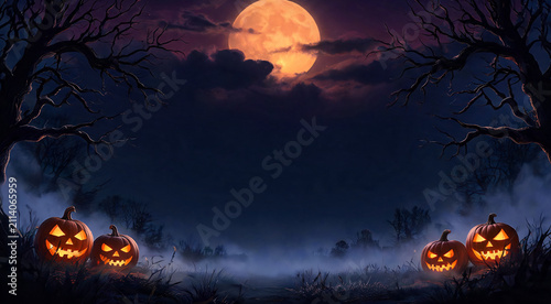 Spooky night with glowing pumpkins under a bright full moon in a haunted landscape
