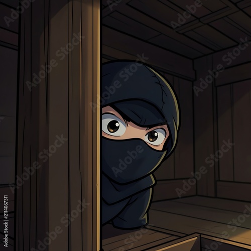 Cartoon ninja peeking from a doorway in a dim wooden room with a curious expression.