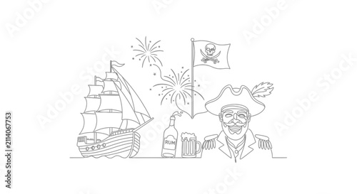 Canvastavla Pirate Captain with Rum and Ship, Jolly Roger Flag, Fireworks - Line Art