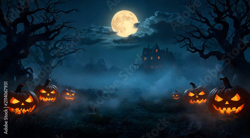 Spooky Halloween night with glowing pumpkins and a haunted house under a full moon