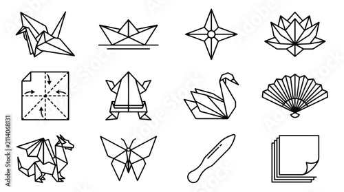 Minimalist origami line icons set, geometric paper folding art vector, 12 black outline Japanese hobby symbols for craft and creative design
