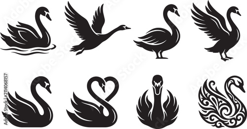 Black swan silhouette icons set, elegant waterfowl bird vector illustrations, 8 swan logo design elements for luxury branding and wedding stationery