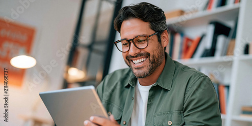 E commerce online seller smiling man using tablet