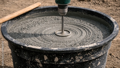 Mixing wet cement with a power tool in a large basin