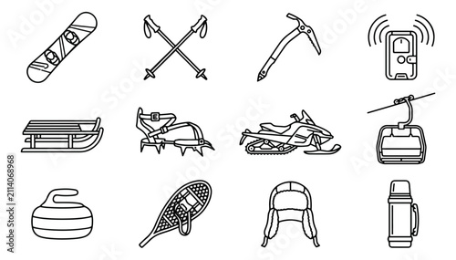 Foto Winter sports equipment icons set, 12 line art vector illustrations of skiing an