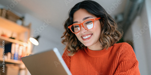 Young woman with tablet online seller for e commerce smiling at home