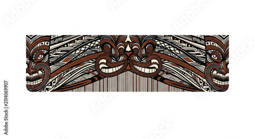Maori Tribal Mask Design with Intricate Patterns and Red Accents